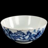 A Chinese blue and white porcelain bowl, painted landscape decoration and carp interior, diameter