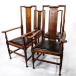 A set of 4 Victorian Aesthetic Tabard Inn oak chairs (2 + 2), with original leather drop-in seats;