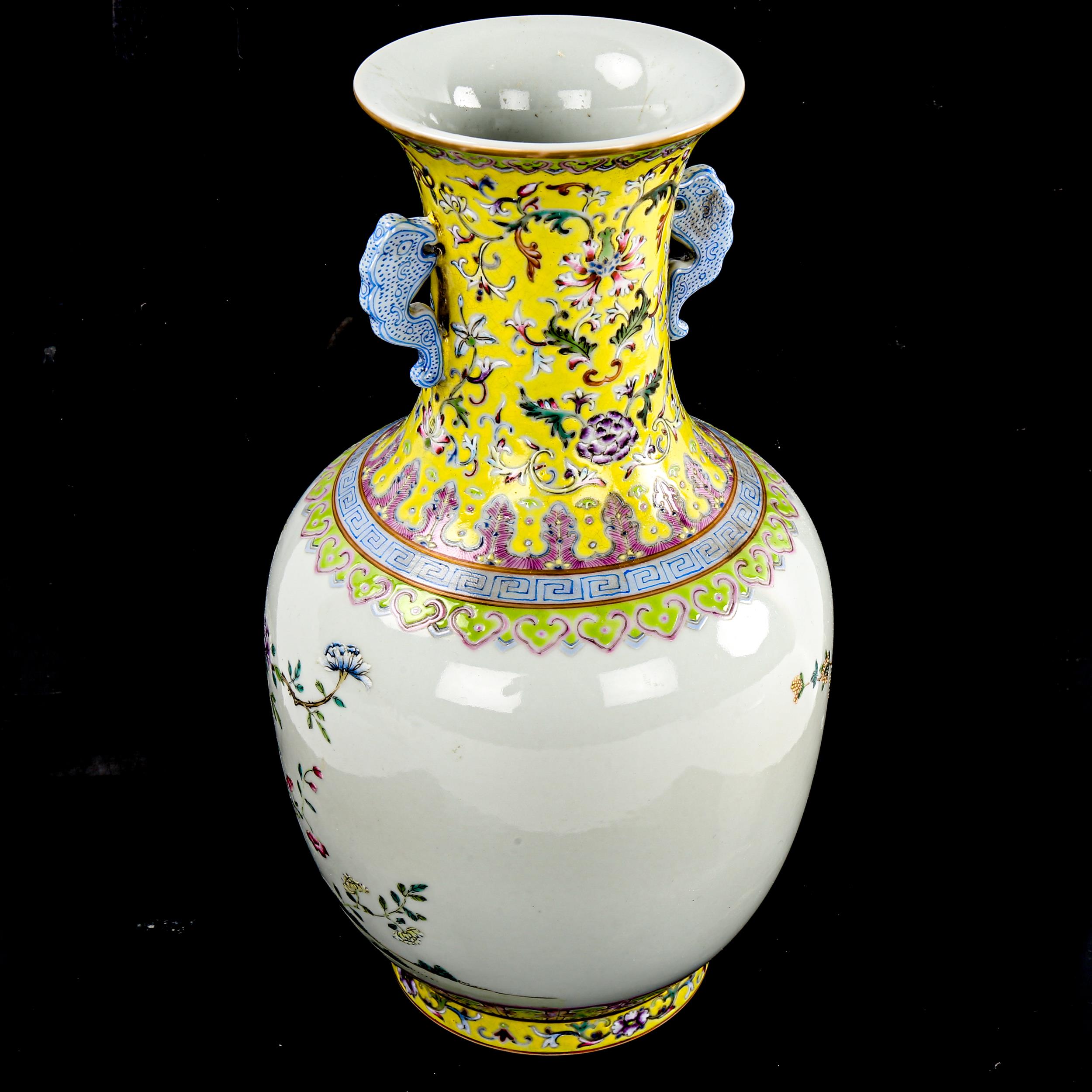 A Chinese white glaze porcelain vase, finely painted enamel flowers with yellow ground neck, seal - Image 2 of 3