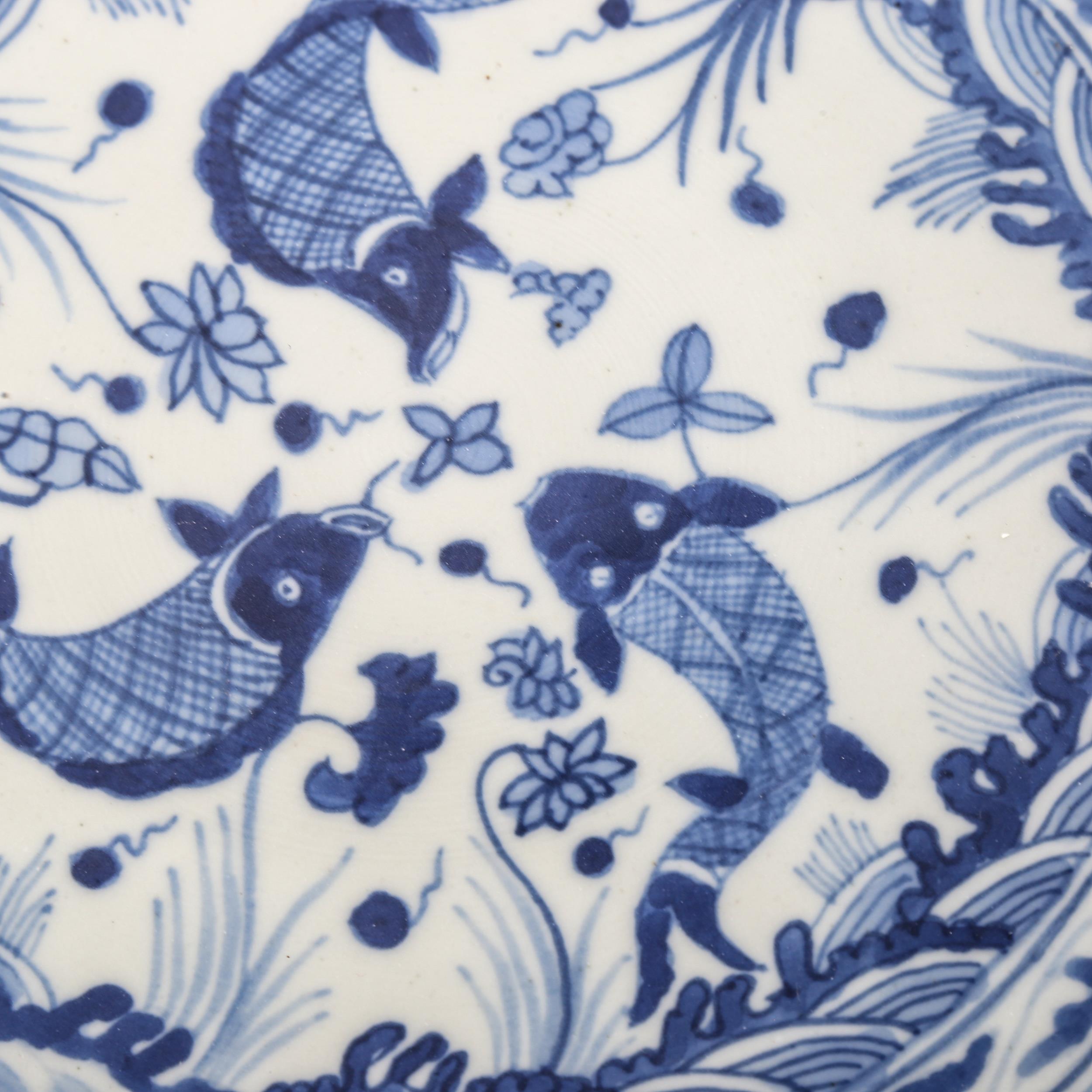 A Chinese blue and white porcelain bowl with fish decoration, 6 character mark, diameter 36cm - Image 2 of 3