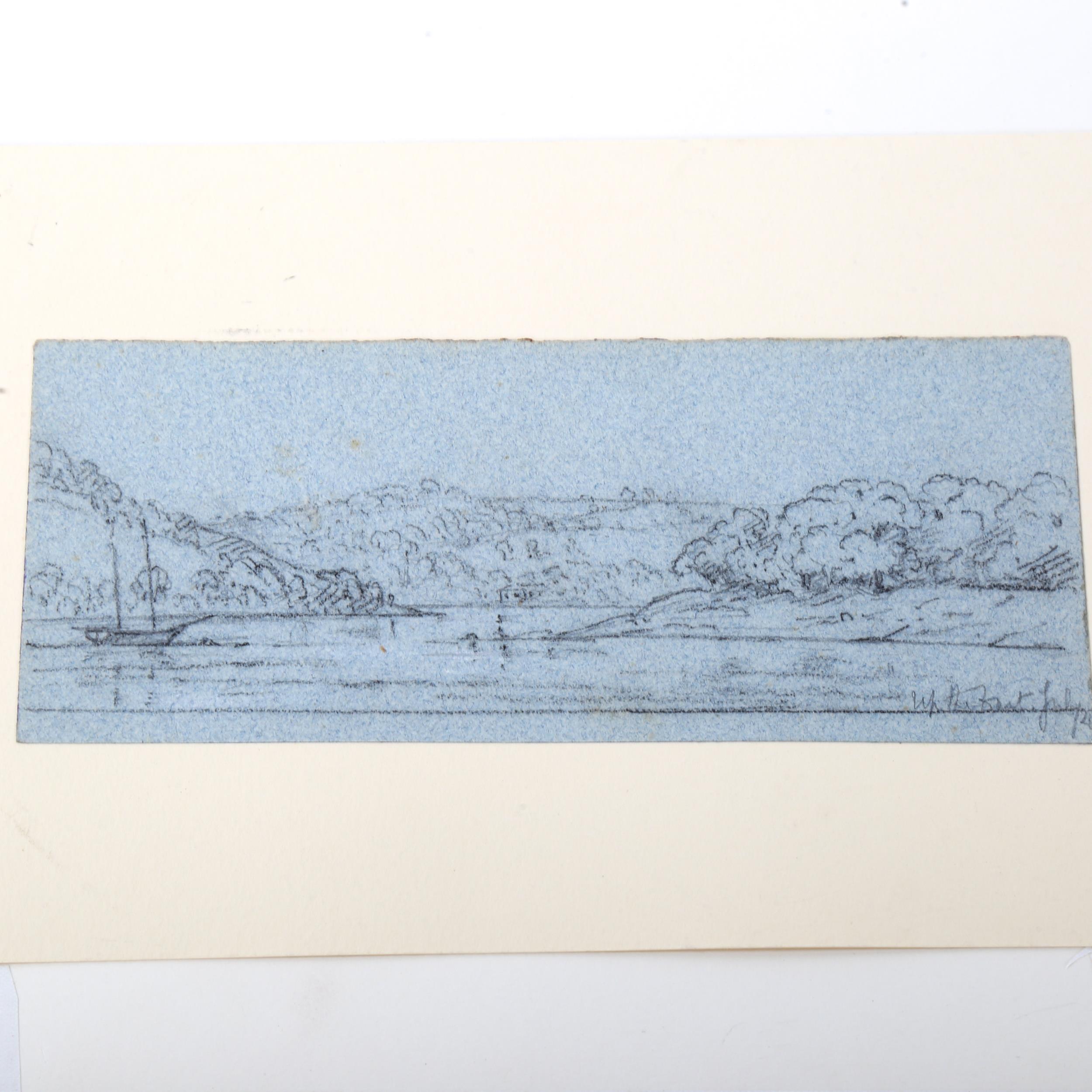 3 19th century charcoal/chalk sketches on blue paper, depicting Greenway, Sir Walter Raleigh's house - Image 3 of 4