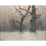 Nils Hans Christiansen, oil on board, deer in winter woodland, signed, 23cm x 29cm, framed Good