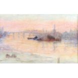 J C Hebbert, watercolour, impressionist Thames view, artist's label verso, 22cm x 35cm, framed