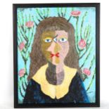 Carol Maddison, oil on board, modernist portrait, framed, overall frame dimensions 60cm x 49cm