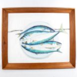 Clive Fredriksson, oil on board, mackerel, framed, overall frame dimensions 65cm x 75cm