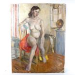 Geoffrey Underwood, oil on canvas laid on board, nude, signed and dated '52, 88cm x 28cm, unframed