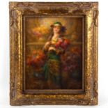 William Hounsome Byles, oil on board, society lady with flowers, signed, 24cm x 19cm, framed Very