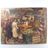 Mid-20th century British School, oil on canvas, London street market, unsigned, dated 1957?, 71cm