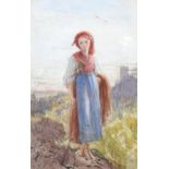 Miles Birket Foster (1825 - 1899), watercolour, country girl, 17cm x 10.5cm, mounted Good condition