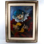 20th century Italian School, oil on canvas, clown playing a guitar, indistinctly signed, 68cm x 48cm