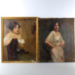 2 early 20th century oils on canvas, portraits of young women, unsigned, 58cm x 45cm, 1 framed