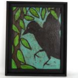 Carol Maddison, oil on board, black crow, framed, overall frame dimensions 60cm x 48cm