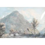 19th century watercolour/pencil, cottages near a mountain, unsigned, 32cm x 46cm, mounted Slight