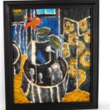 Carol Maddison, oil on canvas, modernist still life, framed, overall frame dimensions 64cm x 54cm