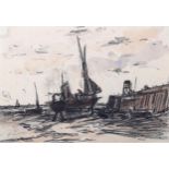 Attributed to Frank Boggs, watercolour/pencil sketch, boatyard scene, unsigned, inscribed verso