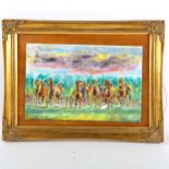 George Petty, enamel painting on copper, American carriage racing, signed, 20cm x 30cm, framed