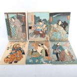 9 Japanese colour woodblock prints, all 19th century, with text inscriptions, 35cm x 24cm,