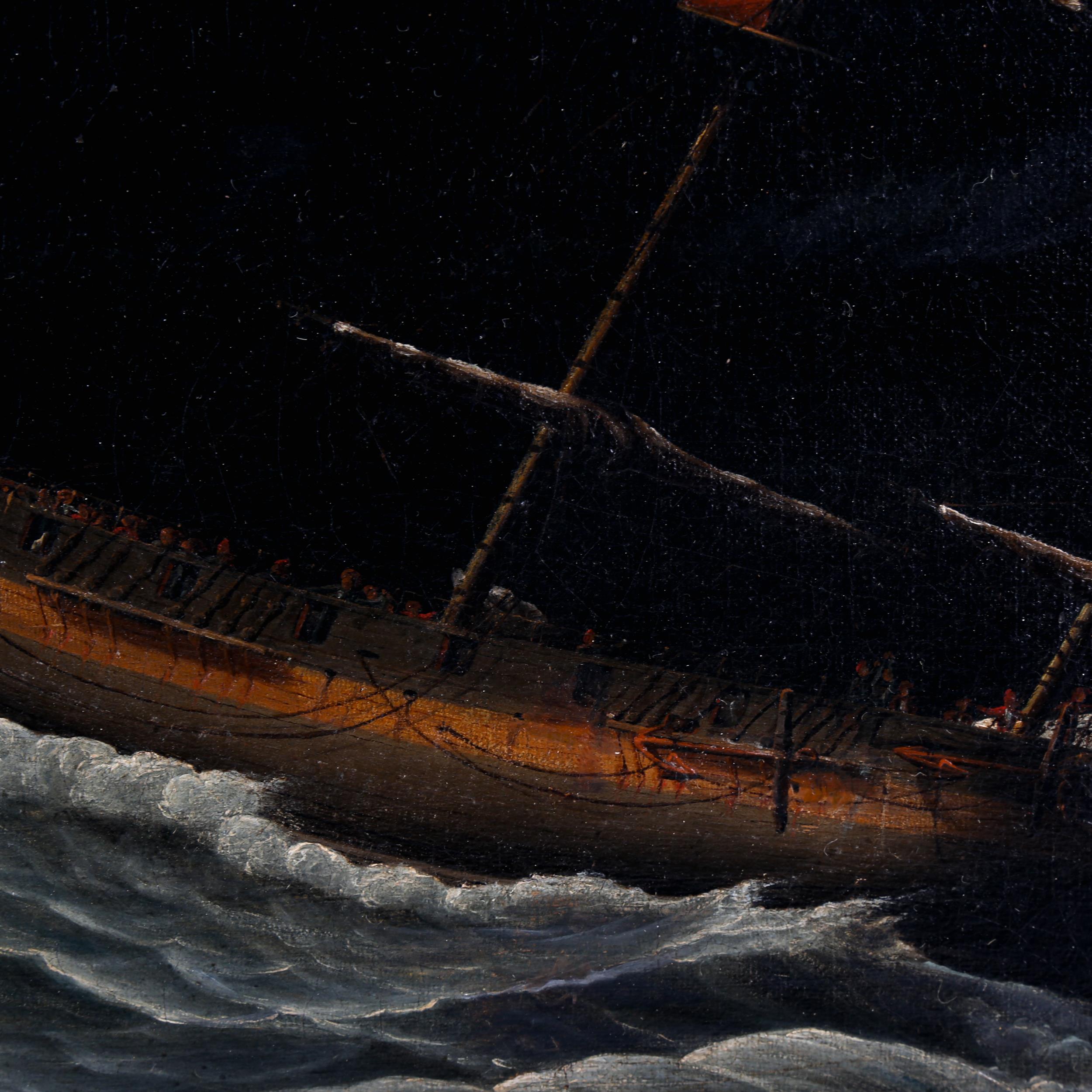 18th/19th century oil on canvas, shipwreck in a storm, unsigned, 63cm x 76cm, framed Painting has - Image 3 of 4