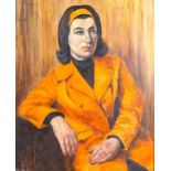 Mid-20th century oil on board, woman in an orange coat, unsigned, 56cm x 46cm, framed Good condition