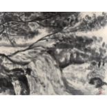 Kuniko Anan Bartlett (Anglo-Japanese), ink on paper, forest waterfall, signed with seal, 46cm x