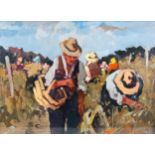 Contemporary Italian School, oil on canvas, field workers, indistinctly signed and inscribed