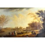 Unstretched oil on canvas, 18th century river scene, unsigned, 60cm x 90cm, loosely framed, A/F