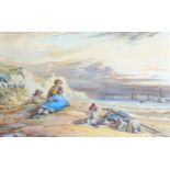 19th century watercolour, beach scene, unsigned, 28cm x 42cm, framed Good condition