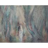 Mid-20th century watercolour, abstract figure in woodland, indistinctly signed, 28cm x 33cm, and