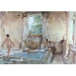 Sir William Russell Flint, colour print, bathers, signed in pencil, image 48cm x 67cm, framed Very