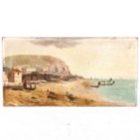 19th century oil on tin, Hastings beach scene, indistinctly signed, 16cm x 30cm, and 3 other oil