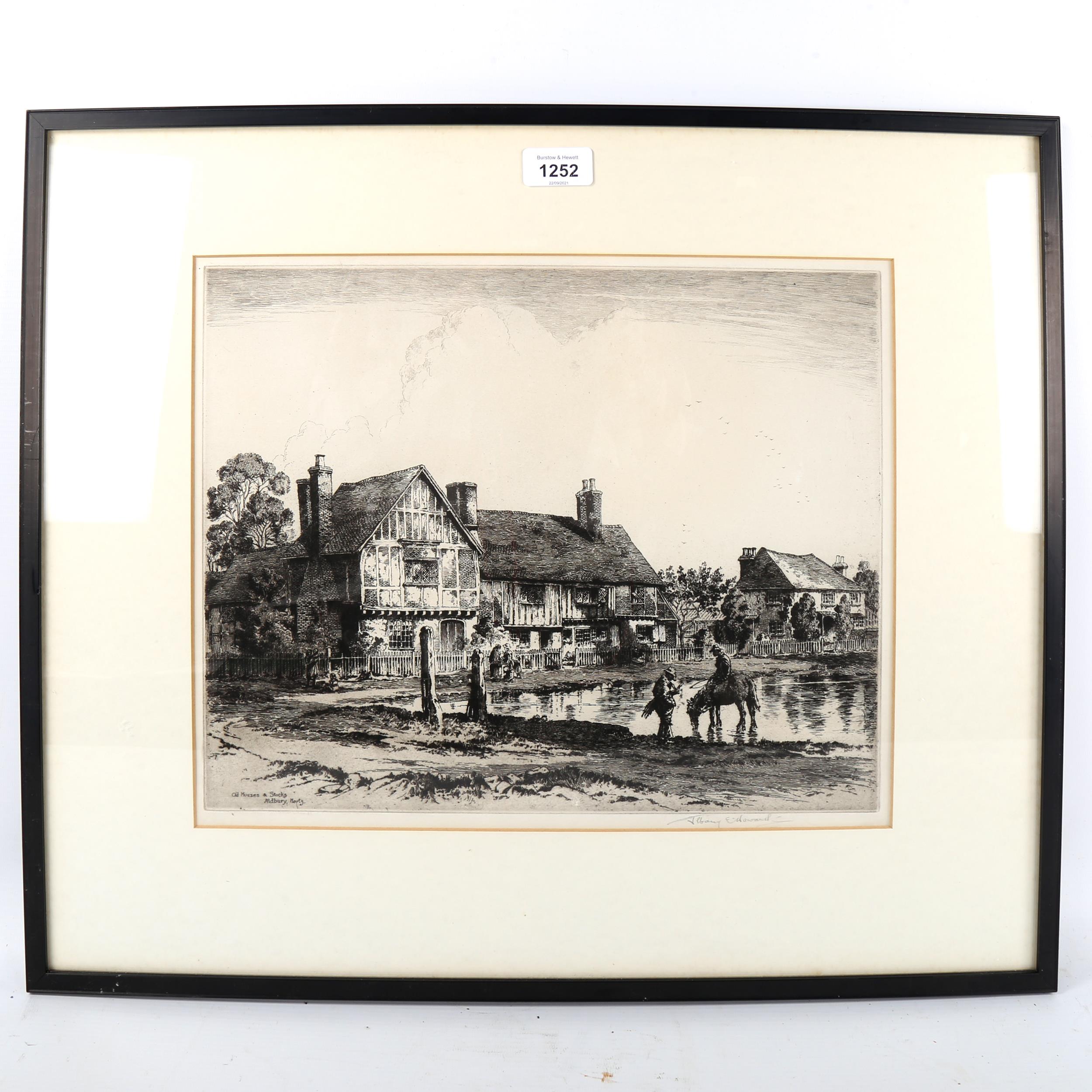 Albany Howarth (1872 - 1936), etching, old houses and stocks, Aldbury Herts, signed in pencil, image - Image 2 of 4