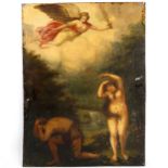 19th century oil on tin, Classical study with angel, with another painting on reverse, 43cm x