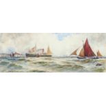 Ernest Railton, watercolour, Picking Up The Pilot, signed and dated 1909, 19cm x 48cm, framed Good