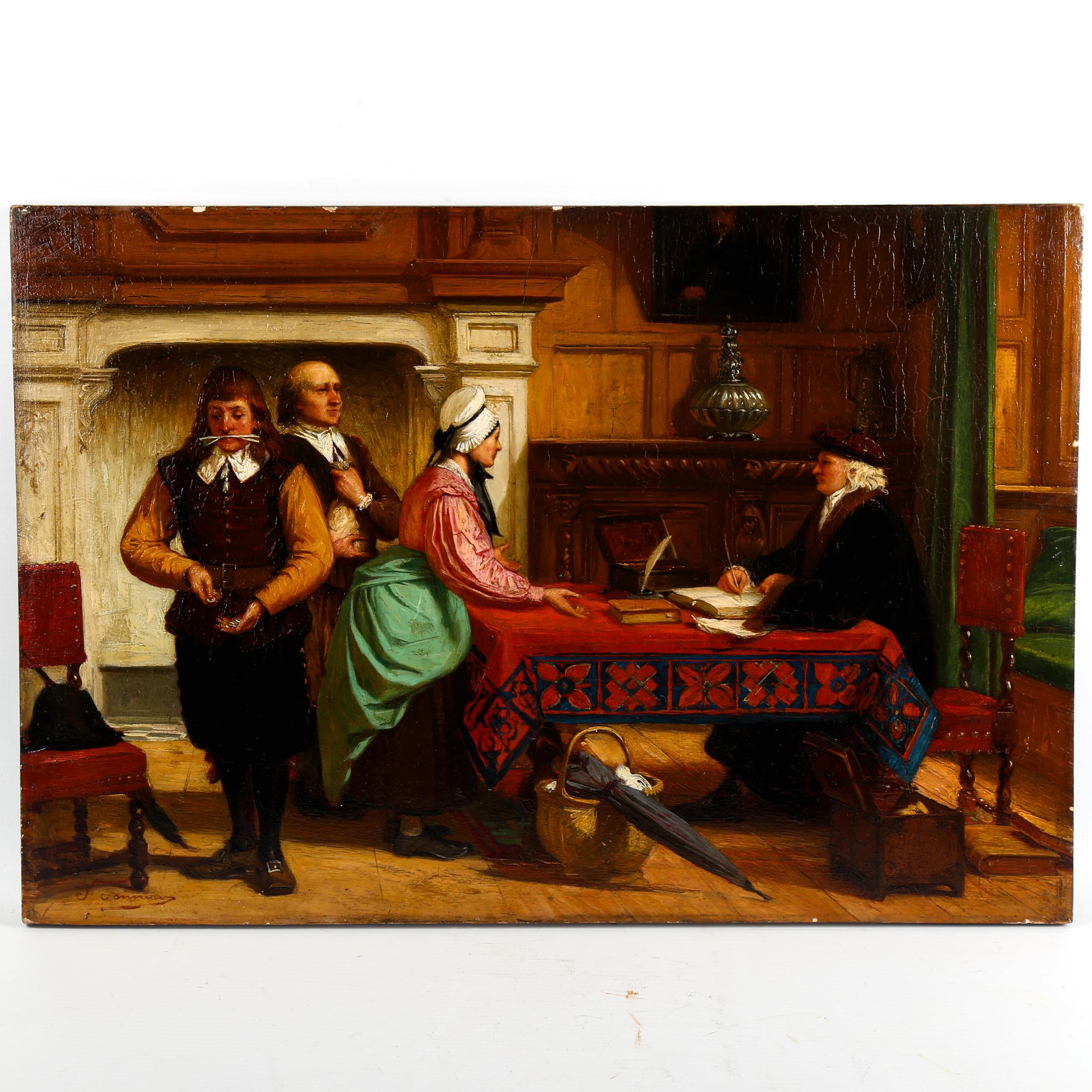 Joseph Tonneau, 19th century oil on wood panel, the debt collector, signed, 35cm x 51cm, unframed