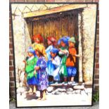 A large Moroccan oil on canvas, group of children on a doorstep, indistinctly signed, 130cm x