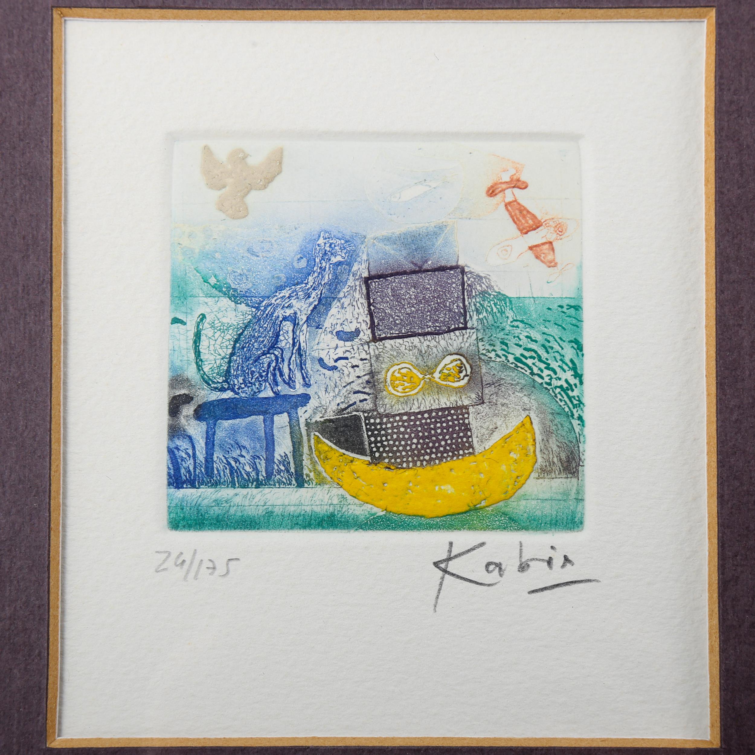 Kabis, set of 4 miniature coloured etchings, surrealist studies, signed in pencil, from an edition - Image 2 of 4