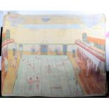 Mary Margaret Hurrell, unstretched oil on canvas, swimming baths, 90cm across Good condition but