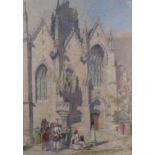 Alfred Charles Conrade (1863 - 1955), 19th century watercolour, figures outside a church, unsigned