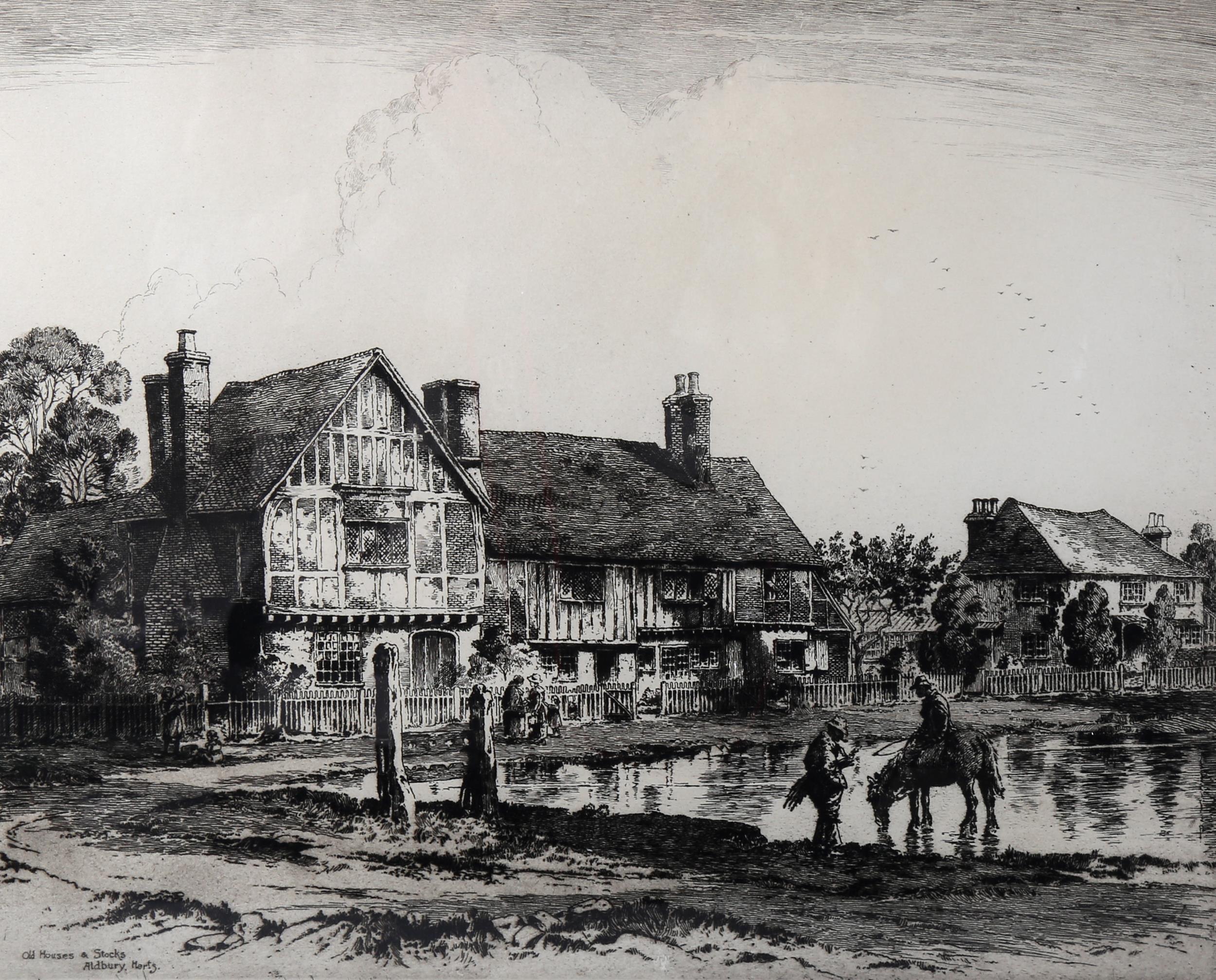Albany Howarth (1872 - 1936), etching, old houses and stocks, Aldbury Herts, signed in pencil, image