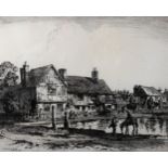 Albany Howarth (1872 - 1936), etching, old houses and stocks, Aldbury Herts, signed in pencil, image