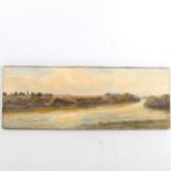 E Percival Clark, oil on canvas, river landscape, circa 1900, signed, 20cm x 55cm, unframed Good