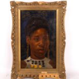 Mid-20th century oil on board, head and shoulders portrait of a woman, 39cm x 24cm, framed Good