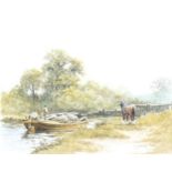 Christopher Jarvis, watercolour, waiting at the lock, signed, 23cm x 29cm, together with a print