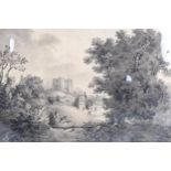 19th century monochrome watercolour, castle ruins, unsigned, 35cm x 51cm, mounted Short tear top