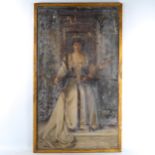 M J Hudson, oil on canvas, portrait of Maud Ernestine Gladstone holding a violin, signed with