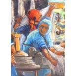 Coloured pastels, Continental women working, indistinctly signed, 38cm x 28cm, framed Good condition