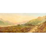 19th century oil on board, mountain landscape, signed with monogram, 20cm x 45cm, framed Slightly