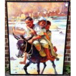 A large Moroccan oil on canvas, children on a donkey, indistinctly signed, 130cm x 98cm, framed Very