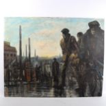 Mid-20th century oil on board, northern workmen, unsigned, 61cm x 76cm, framed Untouched