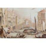 19th century sepia watercolour, Rialto Bridge Venice, unsigned, 14cm x 20cm, framed Good condition